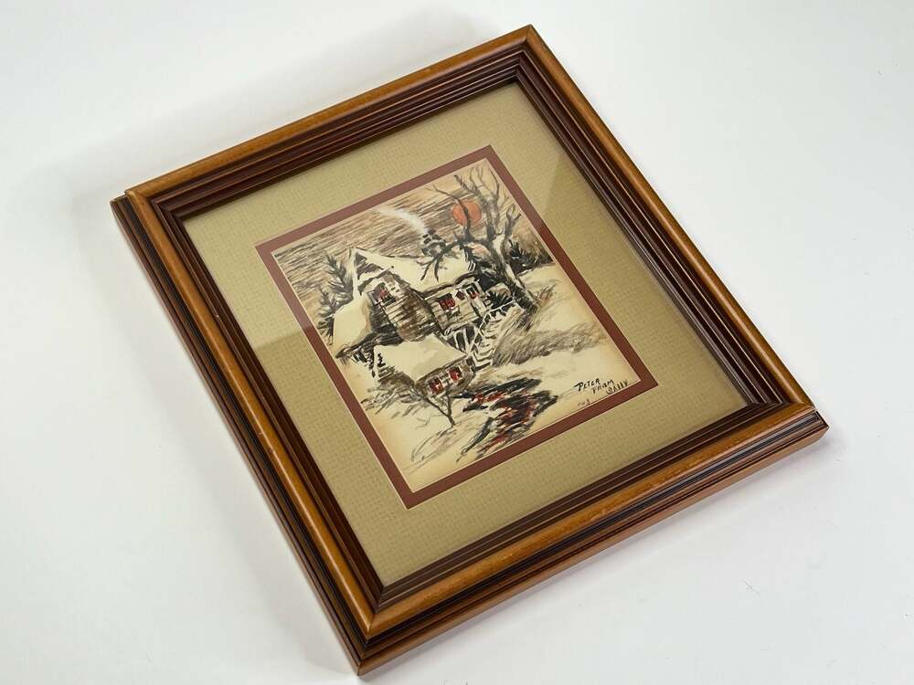Vintage 1943 Original Watercolor Painting of Snowy Cabin by Peter From Sally